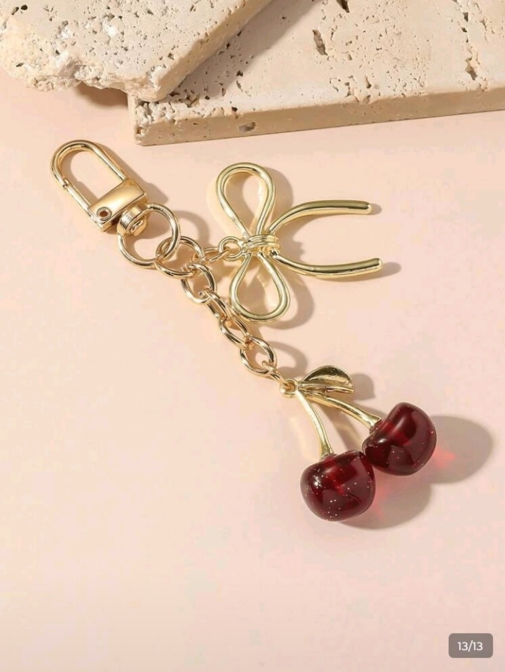 RESIN CHERRY FRUIT AND GOLD BOW CHARM KEY CHAIN